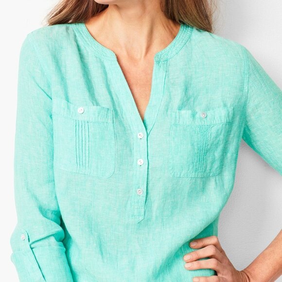 Talbots Linen Cross Dyed Tops Camp Shirt Long Roll Tab Sleeves V-Neckline - Picture 2 of 10
